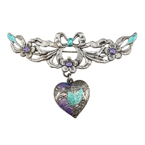 Vintage Silver Tone Floral Brooch With Purple & Green Enamel Heart Dangle Pendan - Picture 1 of 4